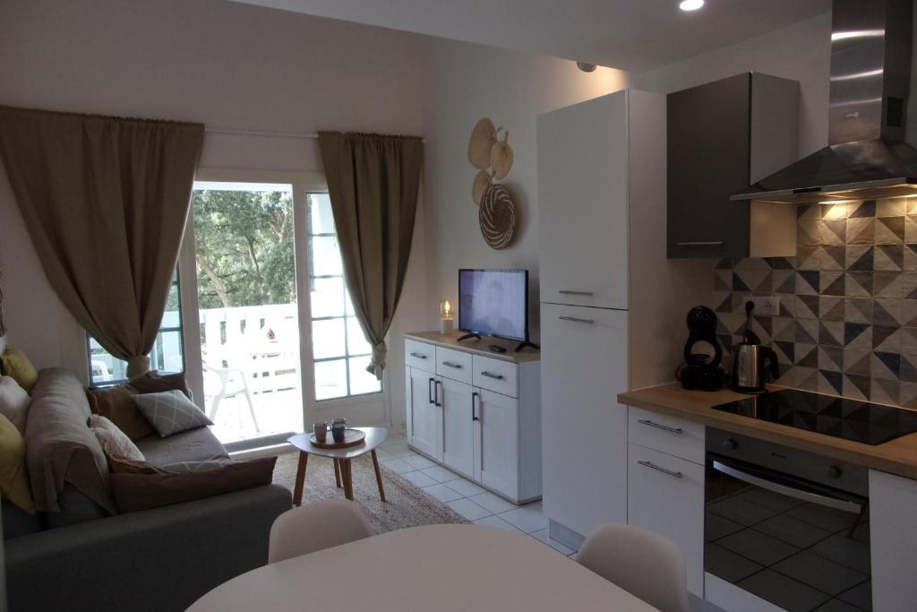 莫列马阿Duplex with loggia and view on the golf of Moliets的厨房以及带沙发和桌子的客厅。