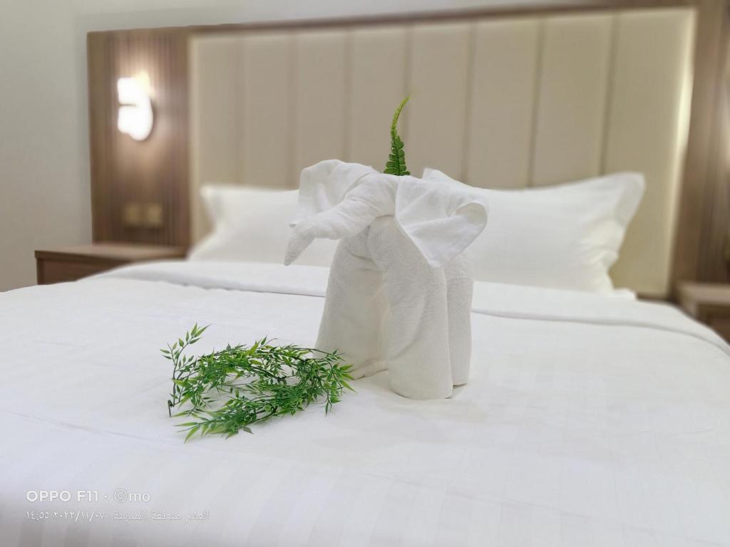 欧拉ROLAn ALULA的一张带毛巾和植物的白色床