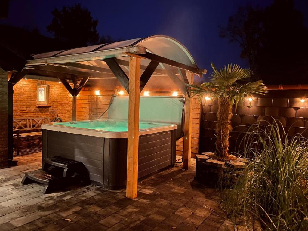 贝亨奥普佐姆Vakantiehuis de Heide的晚上在后院设有带遮阳伞的热水浴池