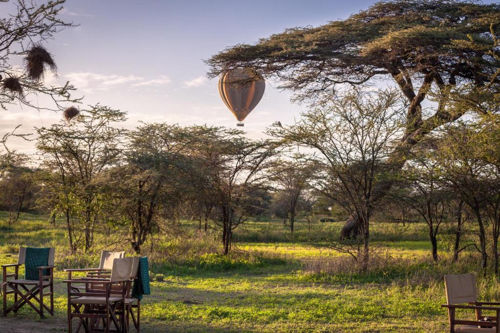 SinoniGnu Ndutu Camp的热气球在田野上飞过,上面摆放着椅子