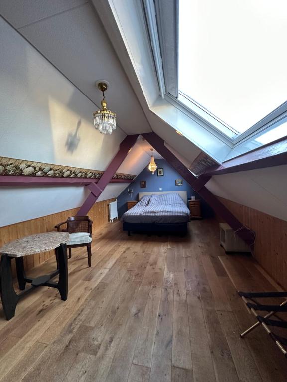 赞丹Het Kraaienest的阁楼卧室配有床和天窗