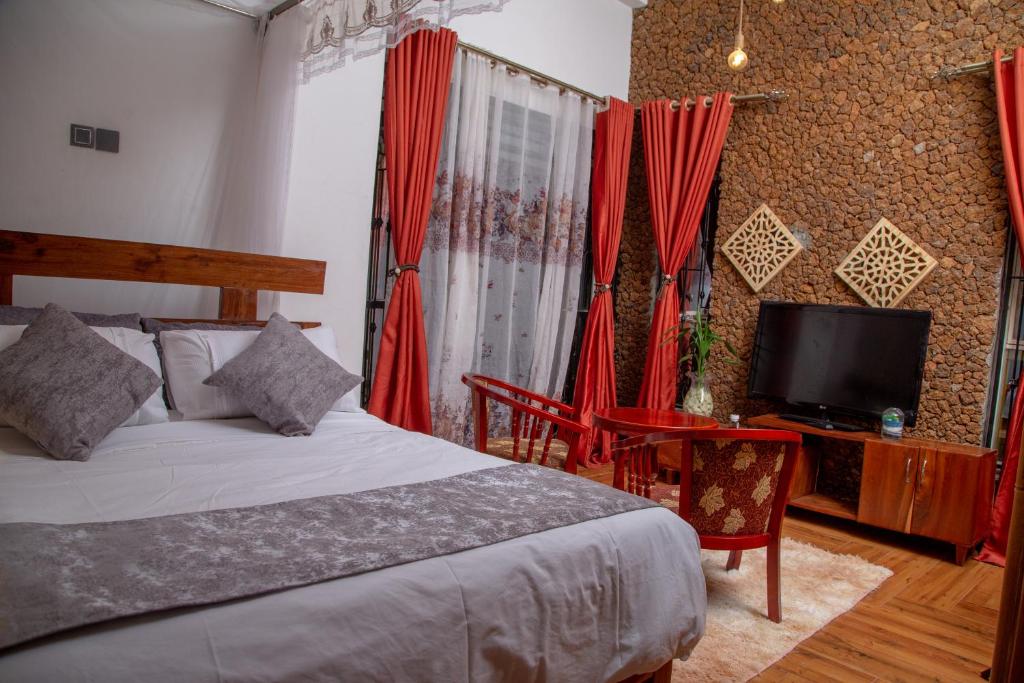 坎帕拉Green Villa Apartments的一间卧室配有床、电视和红色窗帘