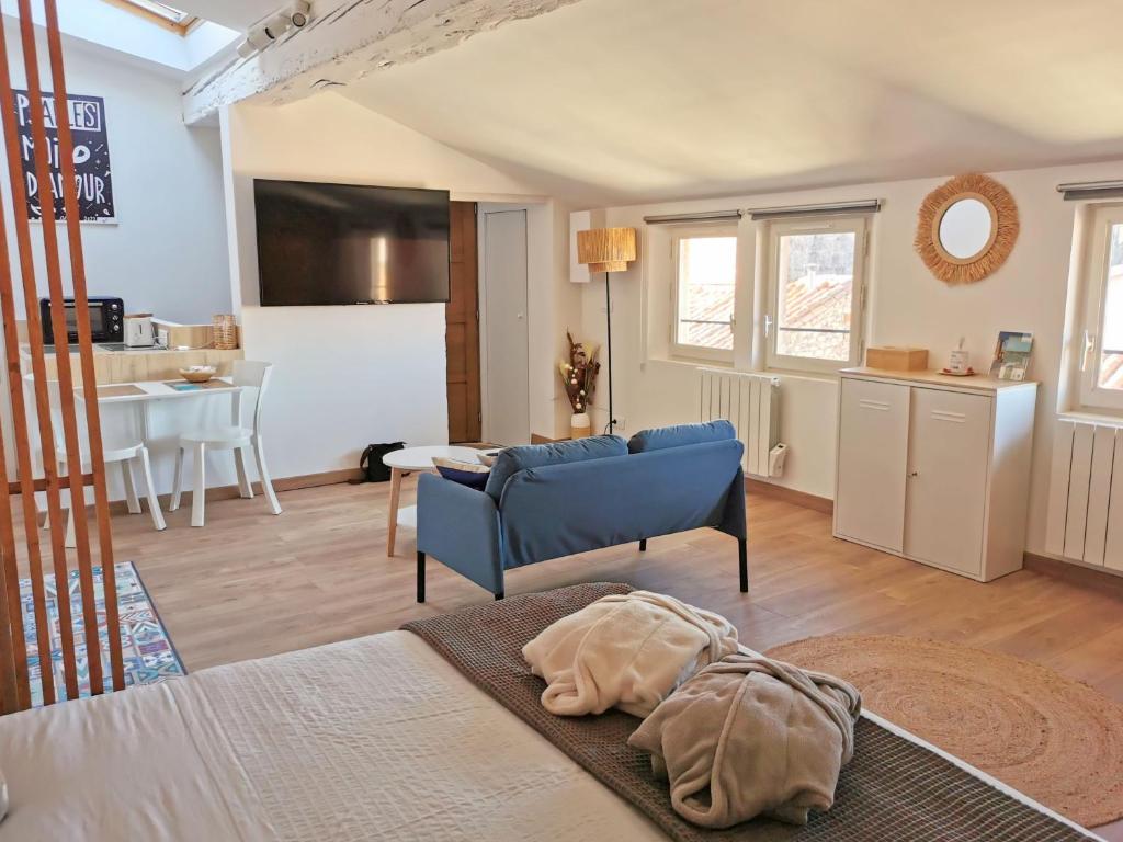 阿尔勒Arles Holiday - Le Refuge的一间卧室设有一张床和一间客厅。