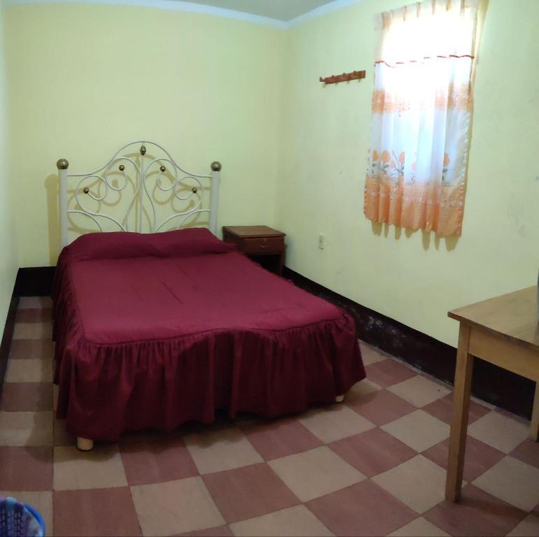 乌尤尼Alojamiento la Gran Estación的一间卧室配有一张红色床罩的床