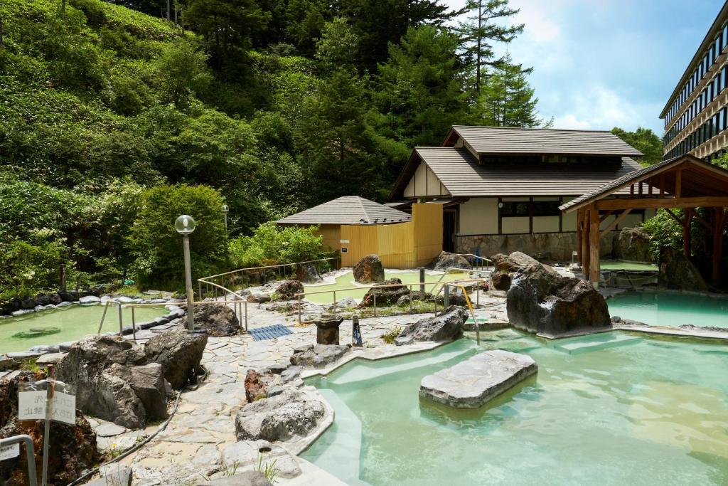 嬬恋村万座高原酒店 的一座带岩石和房屋的水池