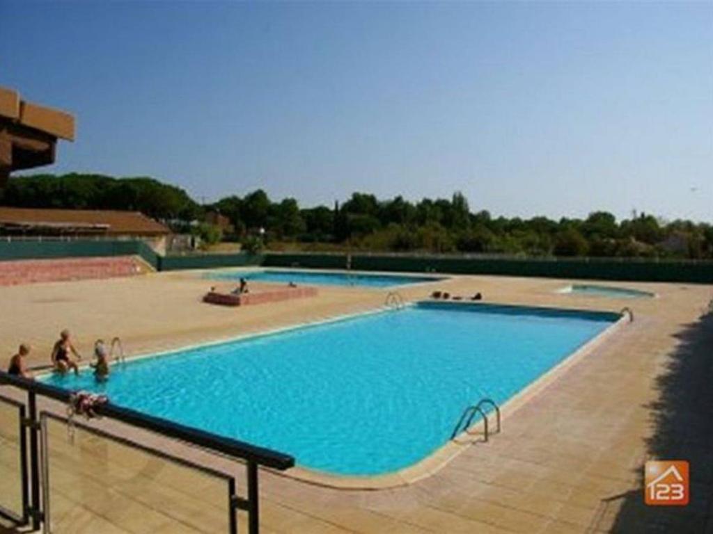 旺德雷Maison Vendres, 5 pièces, 10 personnes - FR-1-701-15的一个大型蓝色游泳池,周围的人都站在游泳池旁