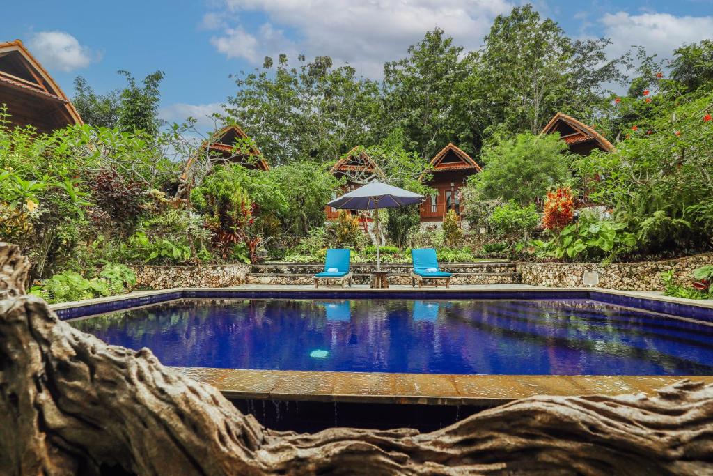 珀尼达岛The Tukad Gepuh Cottage and Resto的一个带两把椅子和一把遮阳伞的度假村游泳池