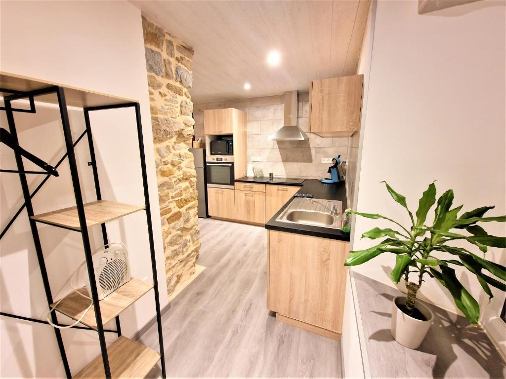 阿尔布瓦L'Atelier 57 - Votre meublé authentique !的厨房配有木制橱柜和石墙