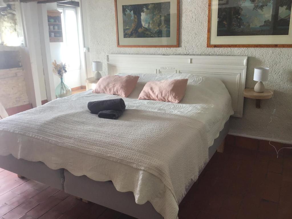 CatusMas de Bruget的一张带粉红色枕头的床和一顶帽子