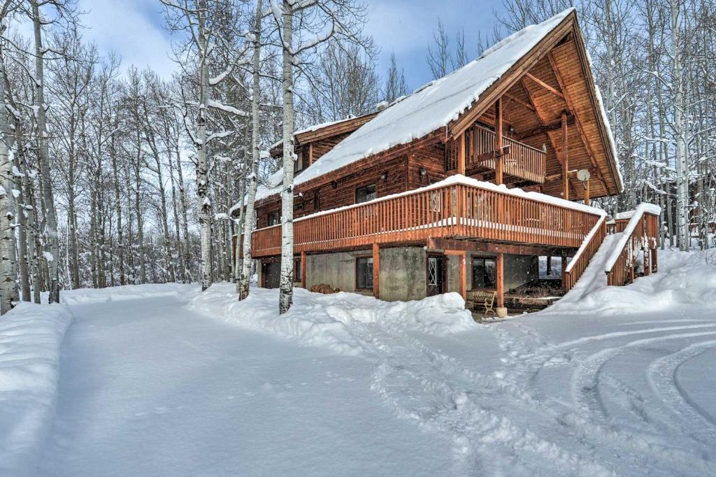 ThayneStar Valley Ranch Cabin Getaway Hot Tub!的雪中的一个小木屋,下了很多雪