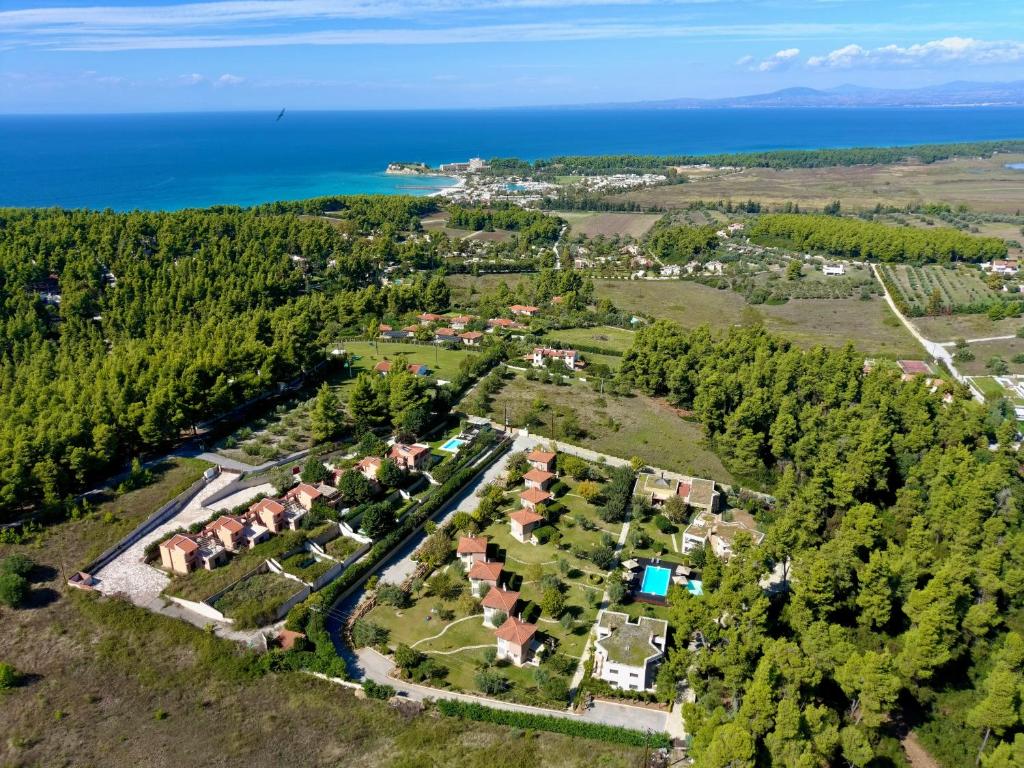 撒尼海滩Sani Polyastron Hotel & Spa的享有村庄的空中景致,设有房屋和海洋