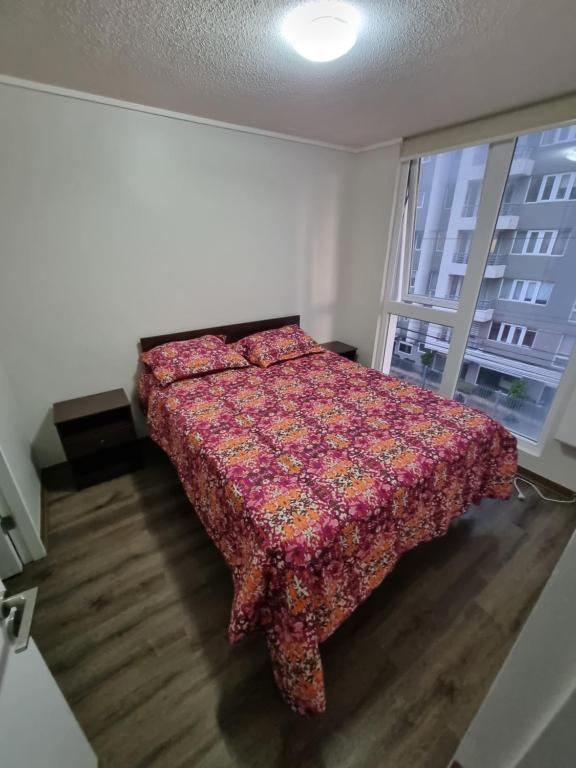 蒙特港408/ Precioso apartamento 1D+1B /(3 camas)/ JUMBO+CENTRO 5 MIN的一间卧室配有一张带鲜花和窗户的床