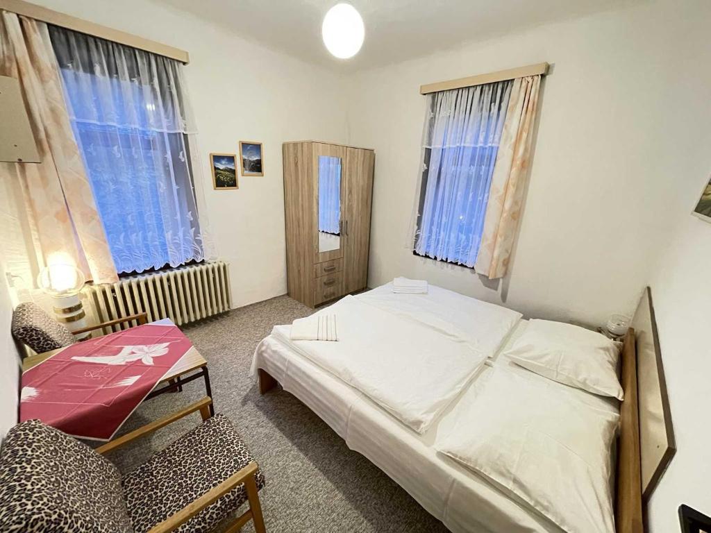 贝内茨科Zlatá vyhlídka的一间卧室配有一张床和一把椅子,还有两个窗户