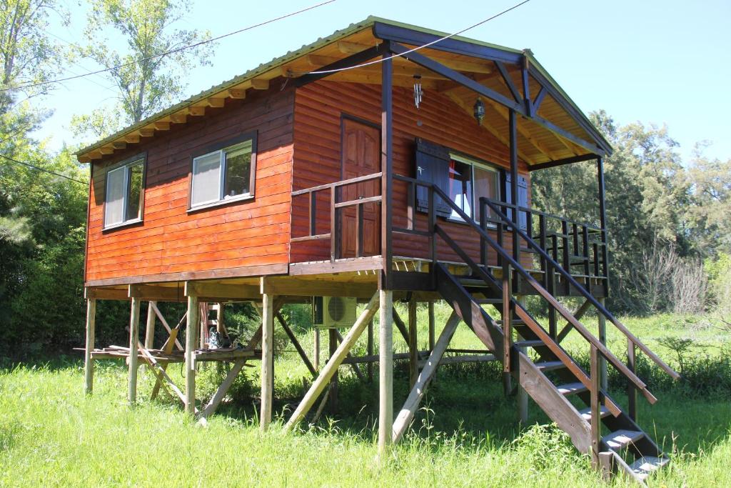 蒂格雷Cabaña El Mahayana的田野上木脚架上的房屋