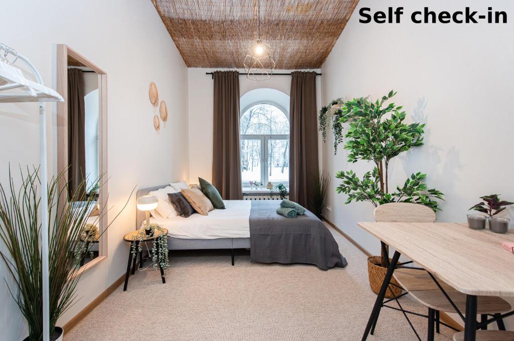 维尔纽斯Bali house Vilnius的一间卧室设有一张床和一个窗口