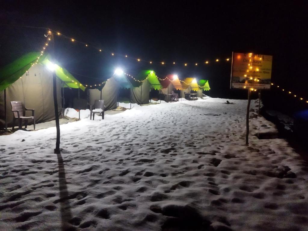 KheergangaCity Escape Camps and Cafe Kheerganga的夜晚雪地里一排帐篷