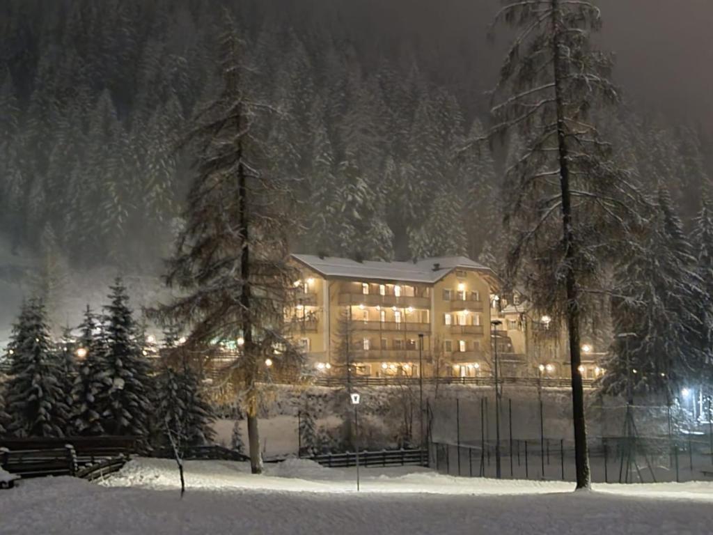 卡纳泽伊Residence Villa Avisio的一座大建筑,晚上有灯光,雪中