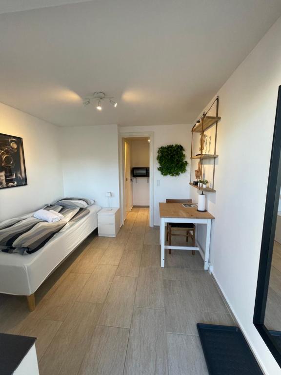 奥胡斯City Aarhus的一间卧室配有一张床和一张桌子