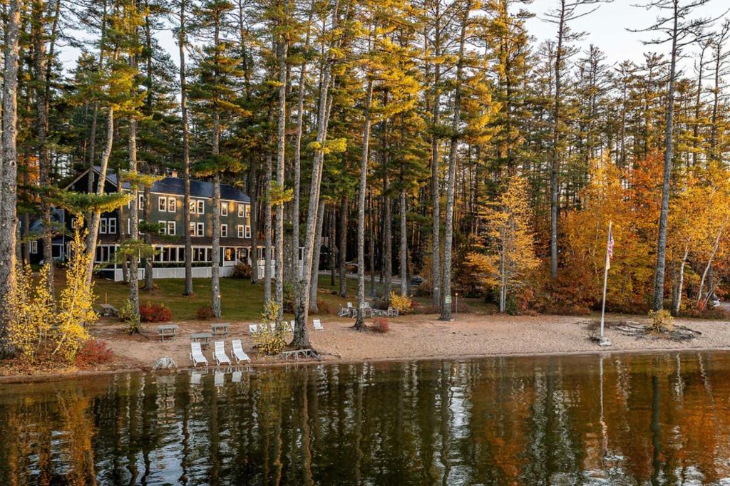 LovellThe Lodge at Pleasant Point的水体旁树林中的房屋