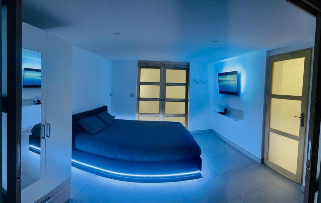 艾克塞恩维克斯Appartement Le Léman的蓝色的房间,设有床和门