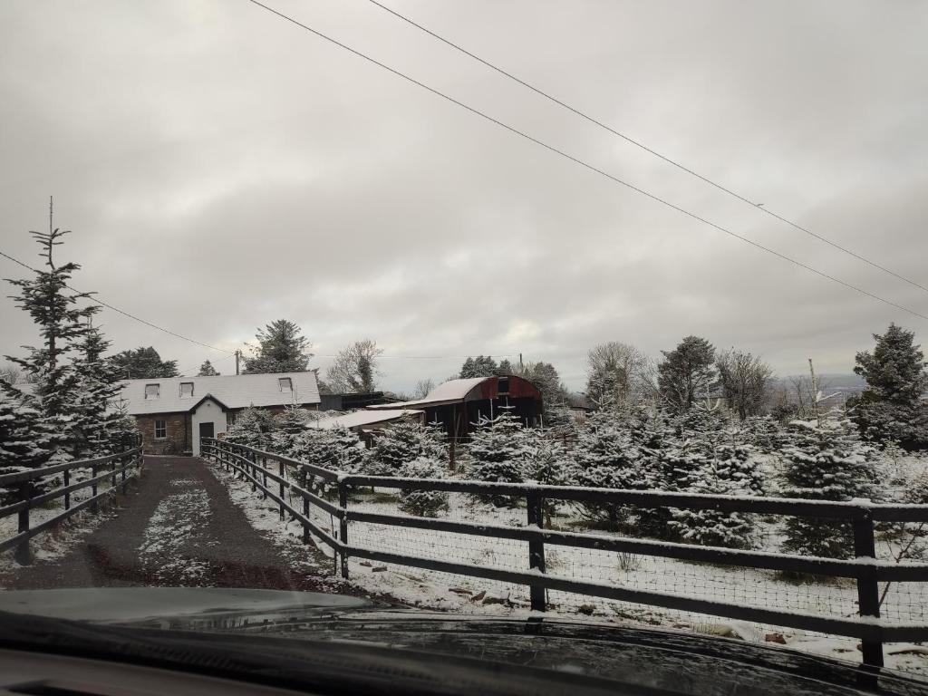 特拉利The Old House at Belfield的雪地覆盖着房子和栅栏