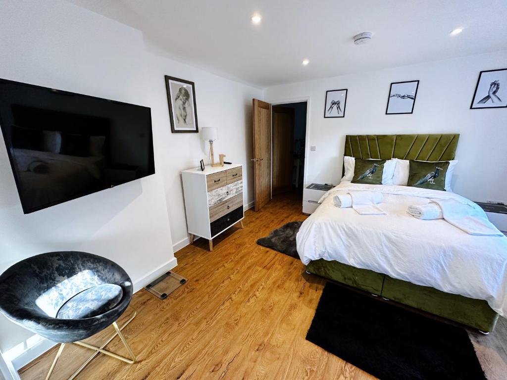 诺里奇2 Southwell Road - Luxurious City Centre Apartments的一间卧室配有一张床和一台平面电视