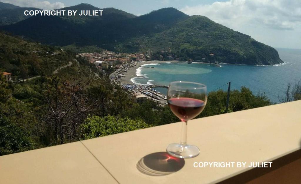莱万托Juliet - apartment in Liguria 5 Terre UNESCO site的坐在桌子上喝一杯葡萄酒
