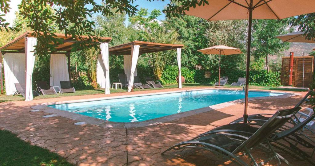 埃尔瓦El Manantial Del Fresno Casas Rurales En Hervás的一个带椅子和遮阳伞的游泳池