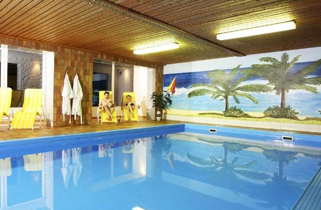 穆赫克雷斯的艾根海卓霍夫酒店的一座拥有壁画的酒店的大型游泳池