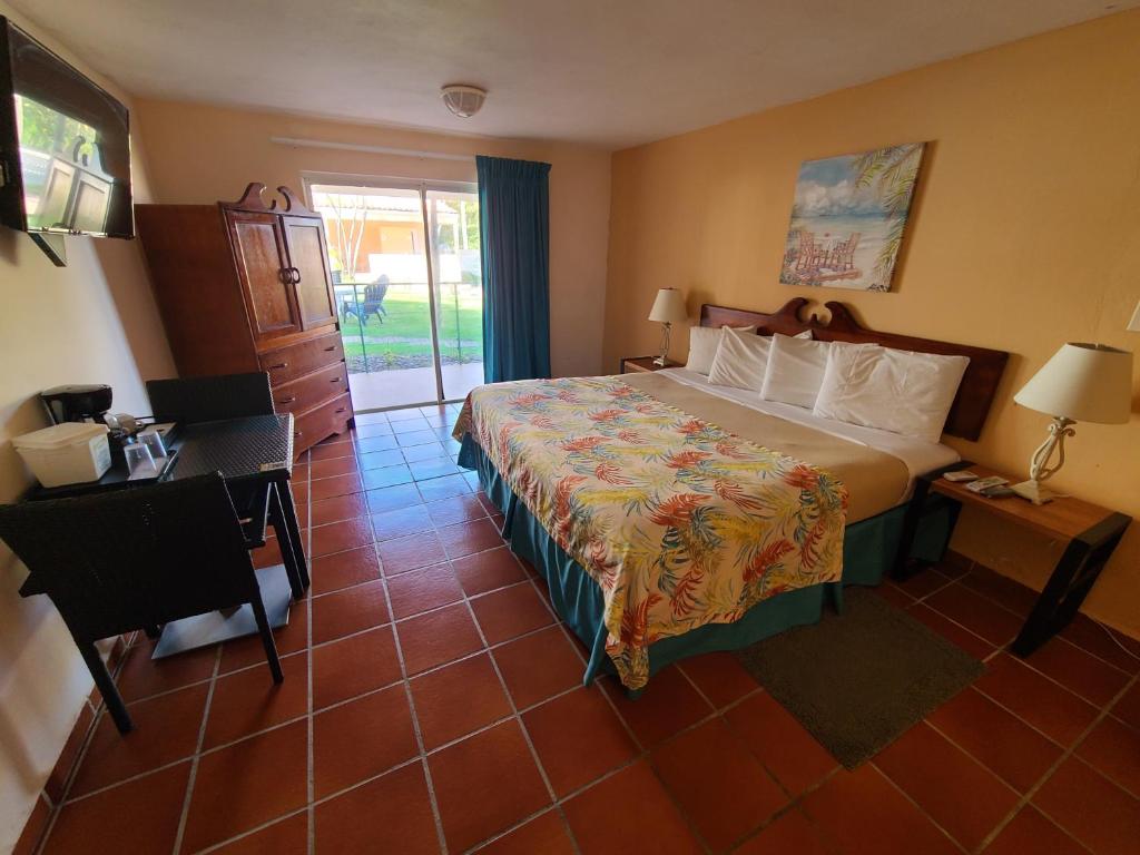亚武科阿帕拉多帕尔马斯露西亚的一间酒店客房,设有一张床和通往庭院的门