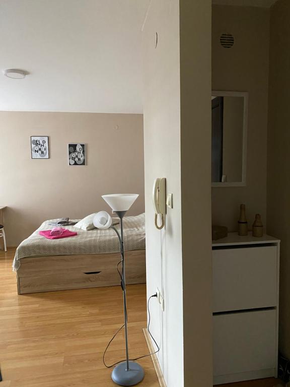 鲁马Apartman Stojadinović的一间卧室配有一张床和一部电话