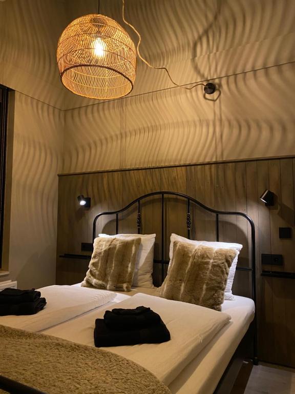 宁斯佩特Huusje18的一间卧室配有两张床和吊灯。
