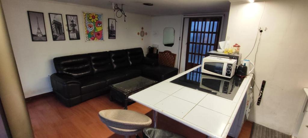 伊基克Casa de Verano的带沙发和微波炉的客厅