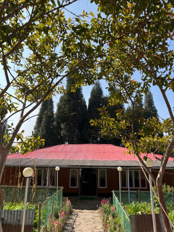 Sukhia PokhariDilpali Home Cum Farm stay的一座有红屋顶的房屋,有树木