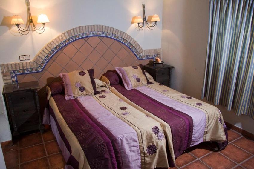 莫龙德拉夫龙特拉DEHESA LAS BRIDAS, SL的一间卧室配有一张带紫色床单的大床