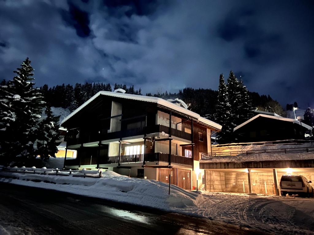 RuerasCasa Ucliva - Charming Alpine Apartment Getaway in the Heart of the Swiss Alps的夜晚雪中的房子