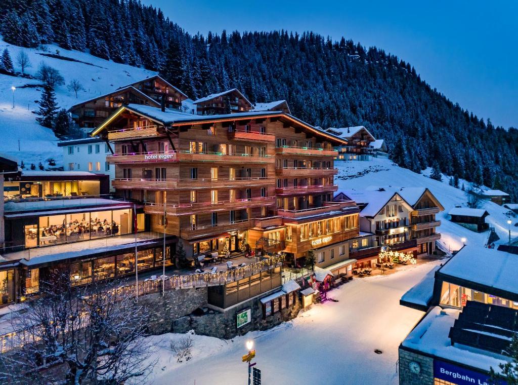 米伦Eiger Mürren Swiss Quality Hotel的山中大雪屋