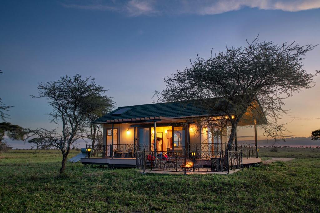 塞伦盖蒂国家公园Serengeti Sametu Camp的田野上带绿色屋顶的小房子