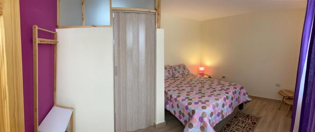 阿雷基帕Katalina's Guest House Arequipa的一间卧室设有一张床和紫色的墙壁