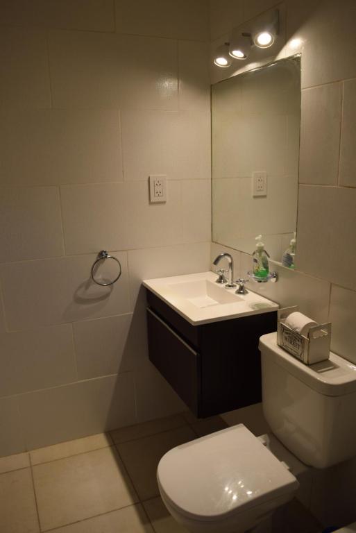 福尔摩沙Hermoso departamento en Formosa的一间带卫生间、水槽和镜子的浴室
