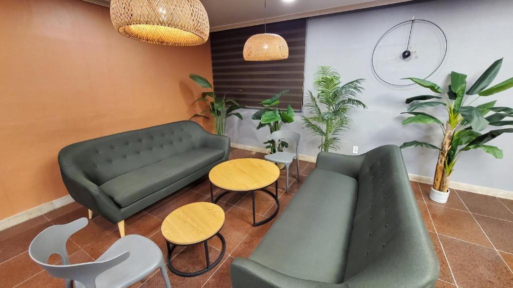 济州市The Oakra Hotel的客厅配有沙发、桌子和盆栽植物