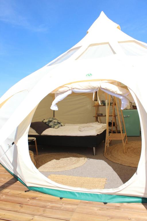 斯凯拜克Marsk Camp的帐篷内有一张床和梯子