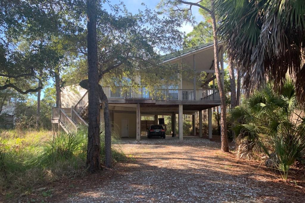 圣乔治岛Seminole Wind的树中间带阳台的房子
