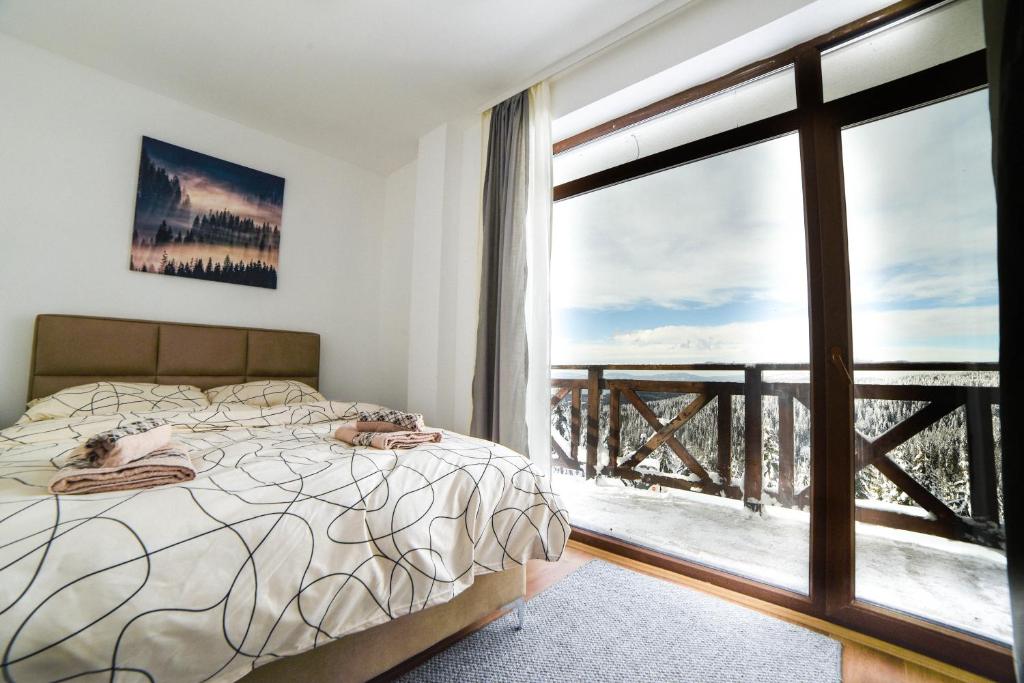 科帕奥尼克Apartman La Foresta Kopaonik的一间卧室设有一张床和一个大窗户