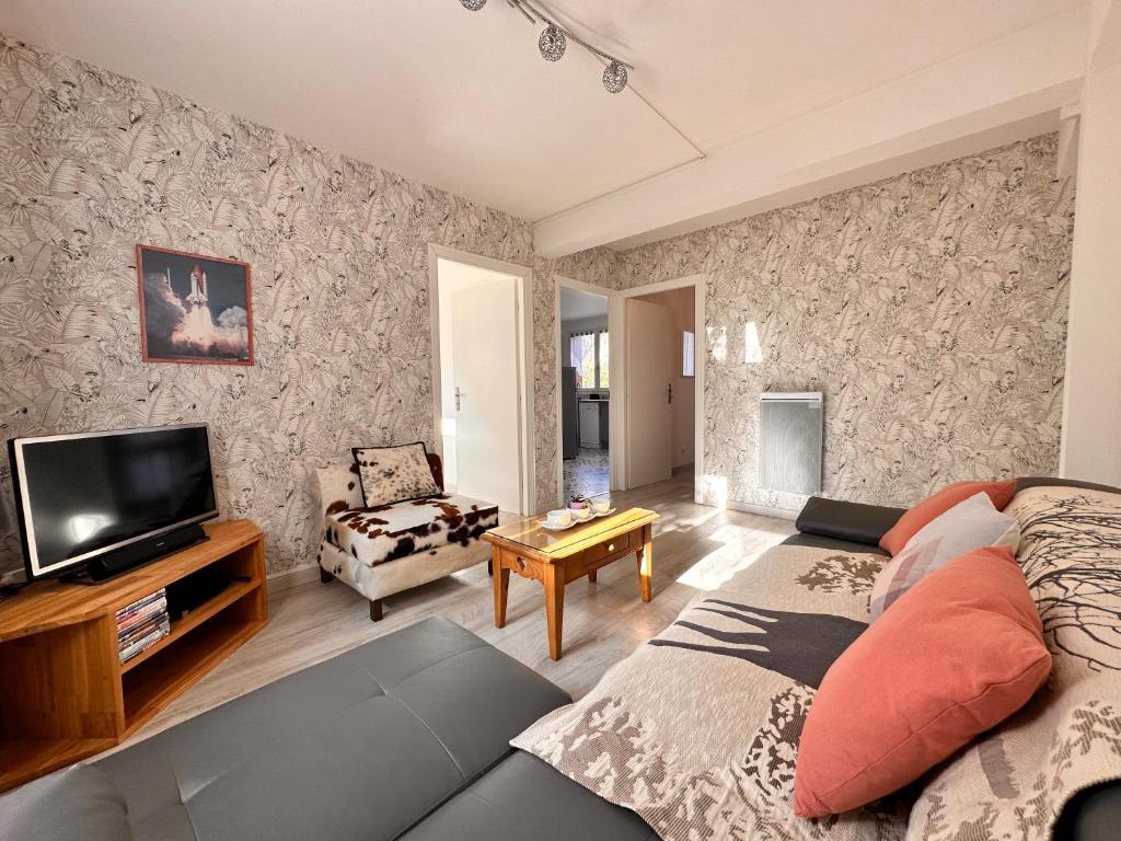 多尔多尼河畔博利厄Le Caprice de Beaulieu的带沙发和电视的客厅