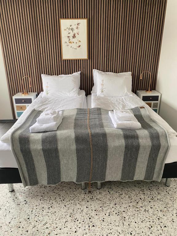 伊萨菲尔德索赫玛一室公寓的一间卧室配有两张带毛巾的床