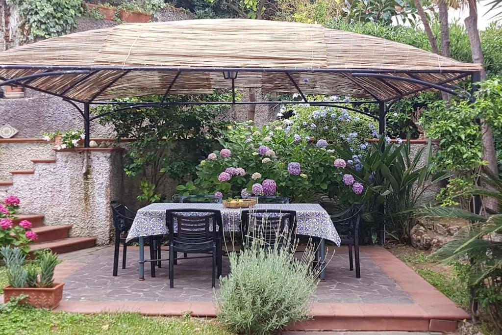 伊斯基亚Giardino Mediterraneo的花园的遮阳伞下的桌椅