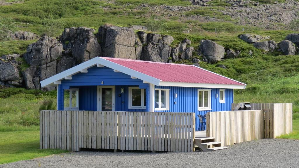 DrangsnesHvammur 4 with private hot tub (Fagurgali)的蓝色的小房子,有红色屋顶