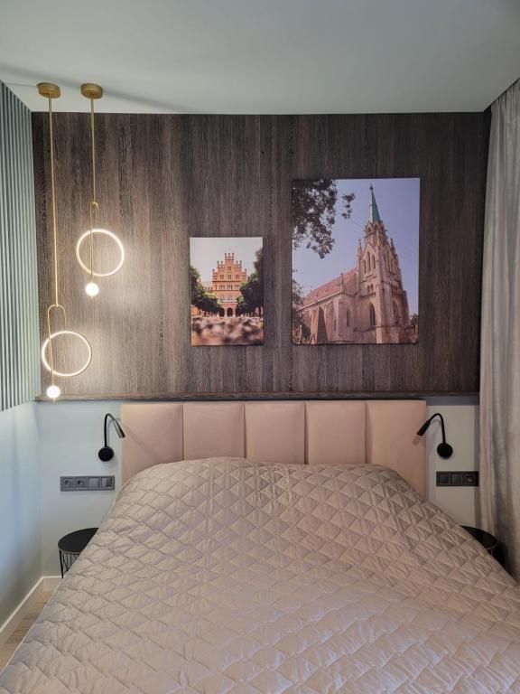 切尔诺夫策Czernowitz Deluxe Apartments的卧室配有一张墙上三幅照片的床