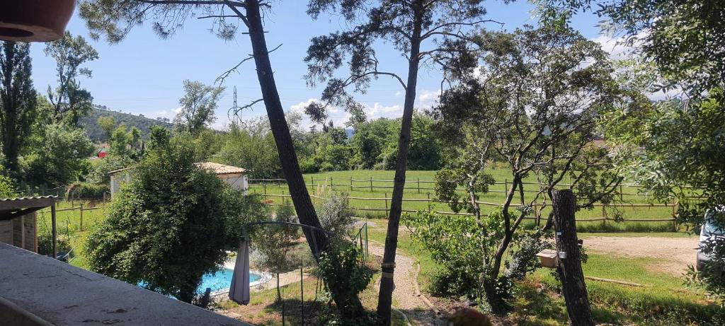 Saint-Martin-de-ValgalguesChez Franck的享有带池塘和树木的庭院的景色